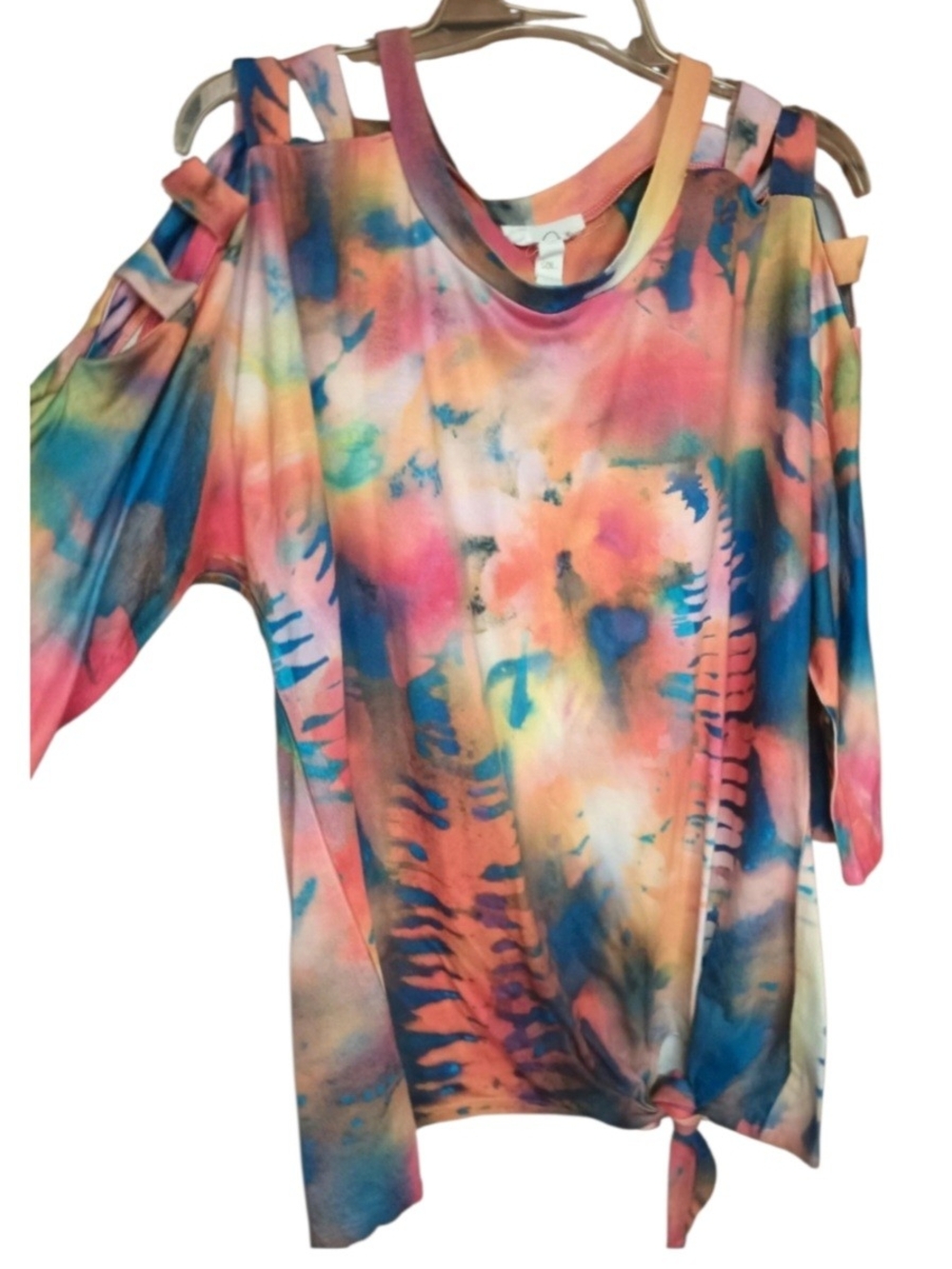 Cold Shoulder Tie-Dye Top Ties At Bottom Multicolor